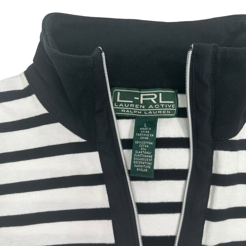 L-RL Lauren Active 1/4 Zip Mock Neck Stripe Top White Black Sz L Pickleball Golf - Picture 7 of 11